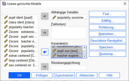 SPSS Variablenauswahl Mehrebenenanalyse mit Fixed Slopes