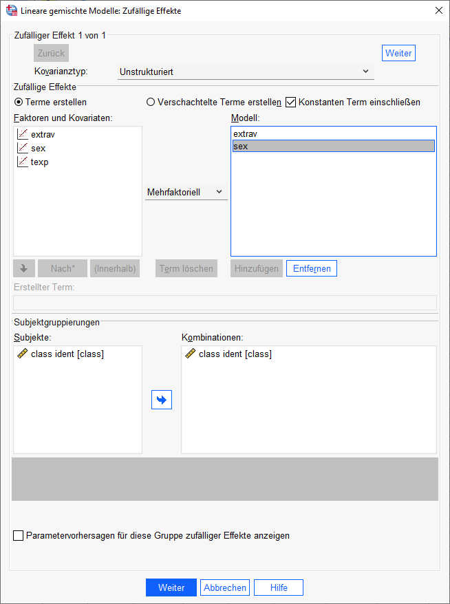 SPSS Dialogfeld Zufällige Effekte für Random Slopes Mehrebenenanalyse