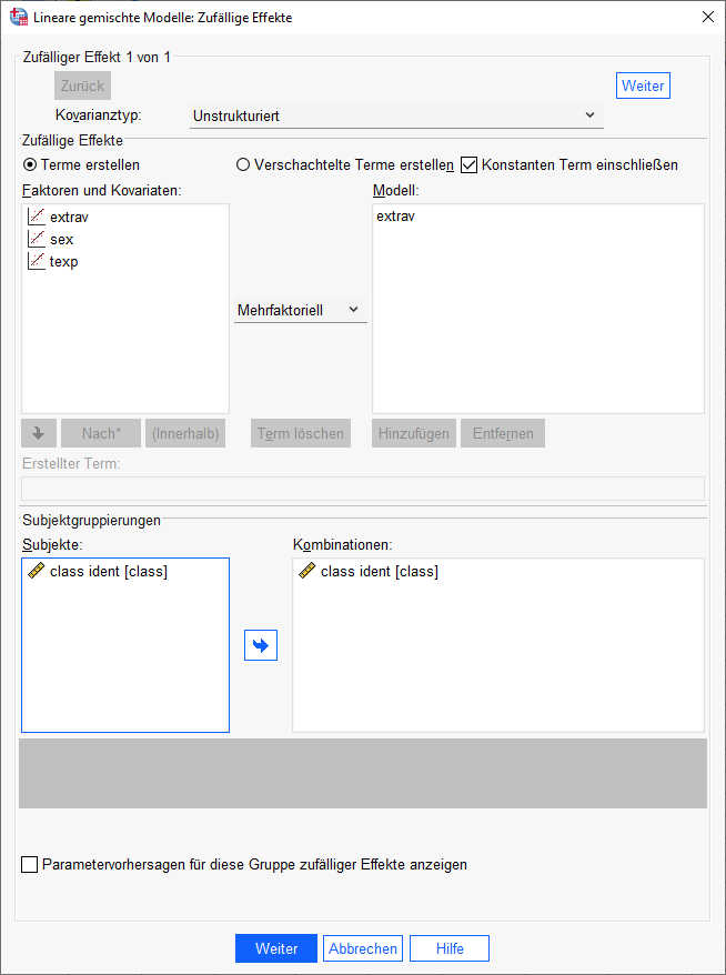 SPSS Dialogbox Zufällige Effekte veränderte Random Slopes Mehrebenenanalyse