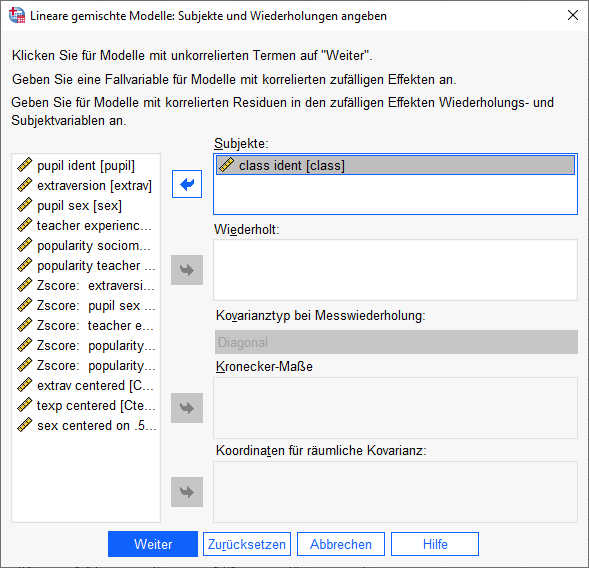 SPSS Dialogfeld Mehrebenenanalyse (Lineare Gemischte Modelle) Subjekte