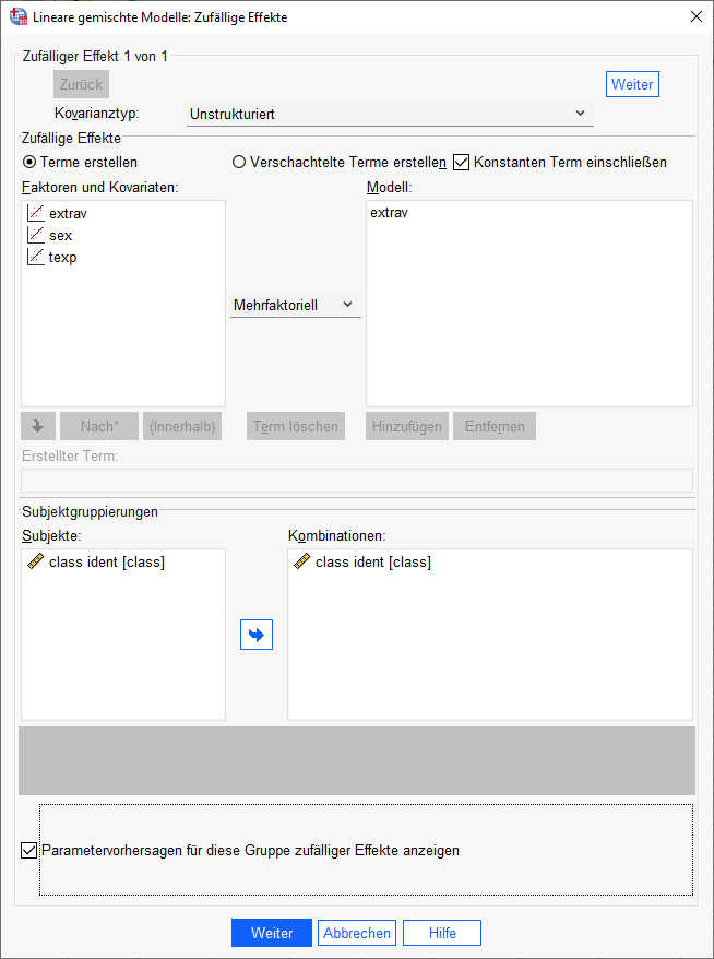 SPSS Lineare gemischte Modelle Speicherung Zufallseffekte Level 2