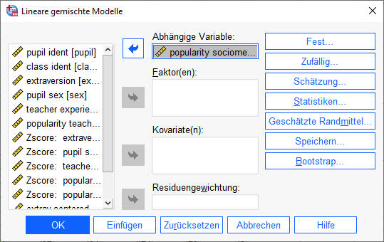 SPSS Dialogfeld Mehrebenenanalyse (Lineare Gemischte Modelle) verwendete Variablen Nullmodell