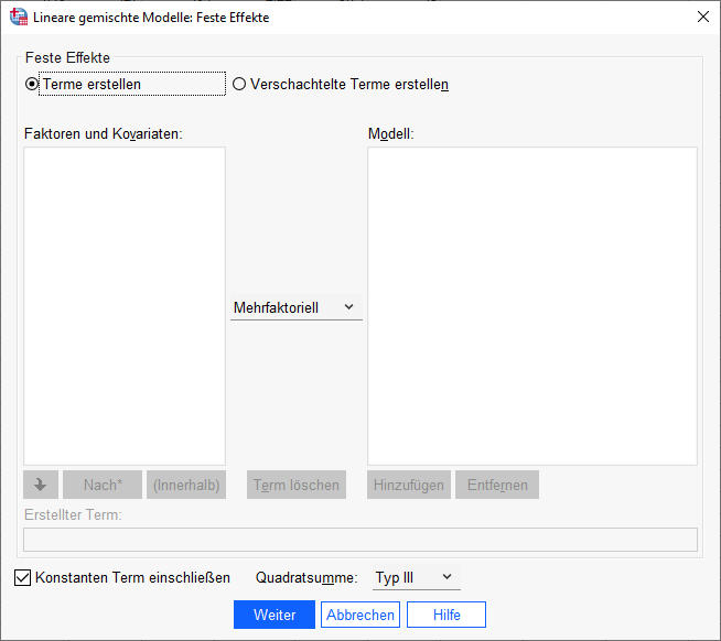 SPSS Dialogfeld Mehrebenenanalyse (Lineare Gemischte Modelle) Feste Effekte Nullmodell