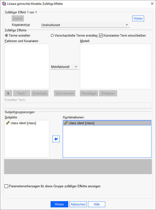 SPSS Dialogfeld Mehrebenenanalyse (Lineare Gemischte Modelle) Zufällige Effekte Nullmodell