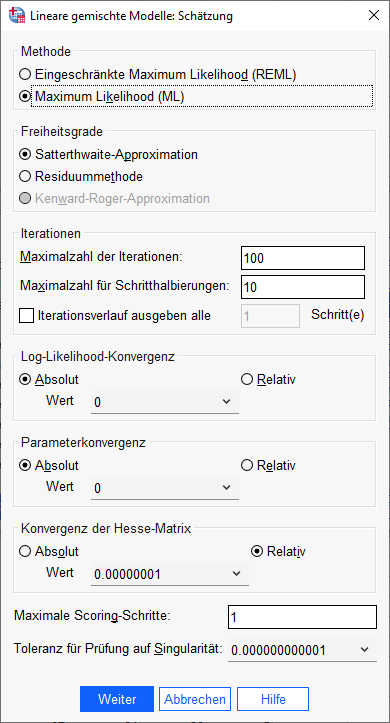 SPSS Dialogfeld Mehrebenenanalyse (Lineare Gemischte Modelle) Schätzung