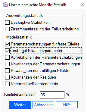 SPSS Dialogfeld Mehrebenenanalyse (Lineare Gemischte Modelle) Statistik